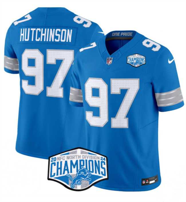 Mens Detroit Lions #97 Aidan Hutchinson Blue 2024 NFC North Champions F.U.S.E. Vapor Limited Stitched Jersey